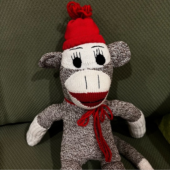 Maxx The Sock Monkey Stuffed Animal Plush Knit Heathered Brown Red Hat - Picture 6 of 7